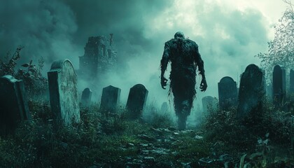 Wall Mural - A zombie walks through a graveyard, surrounded by tombstones, with a misty, ominous sky overhead.