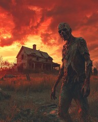 Sticker - A zombie walks towards a dilapidated farmhouse at sunset.