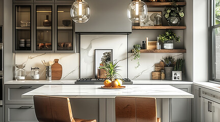 Grey cabinets, white marble countertop with a wood top and two leather bar stool in front of it. Hanging over the island is a pendant light with glass shades and metal frame. Behind the kitchen table.