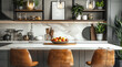 © visoot - Grey cabinets, white marble countertop with a wood top and two leather bar stool in front of it. Hanging over the island is a pendant light with glass shades and metal frame. Behind the kitchen table.