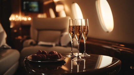 champagne and food on private jet