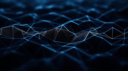 Abstract digital landscape with a network of interconnected glowing lines and polygons on a dark background, creating a futuristic geometric pattern.