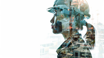 A construction worker gazes at an urban skyline during sunset, reflecting on her contribution to the city's development and growth