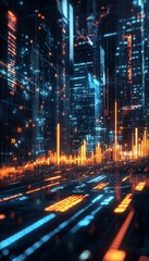 Wall Mural - Abstract futuristic cityscape with glowing neon lights and digital data streams.