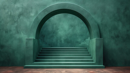 A green concrete wall with an arched doorway leading to a staircase with a brown floor.