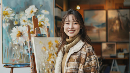 Young artist smiles in a vibrant studio filled with colorful paintings and art supplies during a creative session