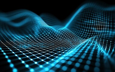 Wall Mural - digital blue wave pattern with glowing grid lines illustrating technology and data visualization con