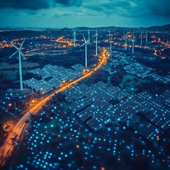 Wall Mural - Aerial view of a wind farm and solar panels at night, with city lights in the background.