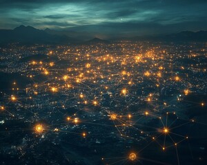 Sticker - An aerial view of a city at night with glowing lights, connected by a network of lines, representing technology and communication.