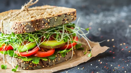 Whole Grain Sandwich Loaded with Fresh Veggies Avocado and Sprouts in Eco Friendly Wrap