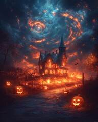 Wall Mural - An eerie haunted house stands under a swirling, fiery sky, with glowing jack-o-lanterns lining the path.