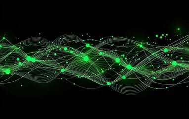 Green abstract waves with glowing dots in a dark background illustrating digital connectivity and motion