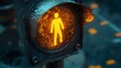 © Alpha - A close shot of pedestrian traffic lights, showing a clear, animated walking signal, with the textured surface of the lights and surrounding urban elements