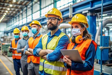 Two men in orange vests are looking at a tablet