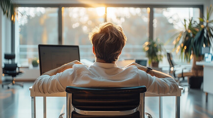 Aufkleber - Modern office space with a clean desk. A person sits back in their chair, looking relaxed and happy.