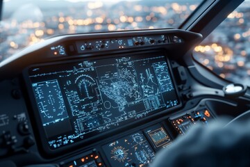 high-tech cockpit display featuring advanced flight controls against a backdrop of city lights, conv