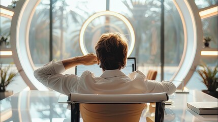 Aufkleber - Modern office space with a clean desk. A person sits back in their chair, looking relaxed and happy.
