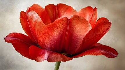 A close-up of a vibrant red tulip, its bold petals in sharp contrast to the soft cream background, dramatic lighting, pop art style, saturated colors