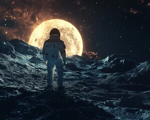 Poster - Astronaut stands on a desolate, rocky landscape gazing at a large, luminous moon in the night sky.