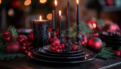 Canvas Print - Black and red Christmas table setting with candles, berries, and ornaments.