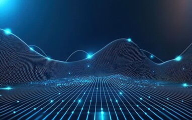 Wall Mural - a futuristic digital landscape featuring glowing blue mesh waves and points of light against a dark 