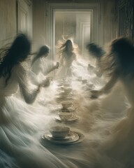 Canvas Print - Blurred image of four women in white dresses gathered around a table in a room.  The women are blurred and seem to be in motion, as if dancing.