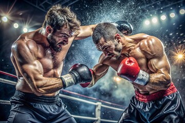 Two men are boxing in a ring, one of them is wearing a red glove