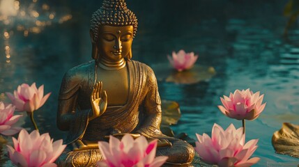 Golden Buddha statue with pink lotus flowers delicately placed at the bottom and along the sides, glowing in a serene atmosphere