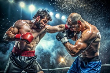 Two men are boxing in a ring, one of them is wearing a red glove