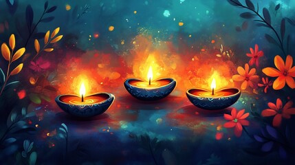 Wall Mural - colorful diwali lamps candles illustrated in a whimsical cartoon art style set against a bright and 