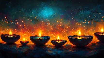 Wall Mural - colorful diwali lamps candles illustrated in a whimsical cartoon art style set against a bright and 