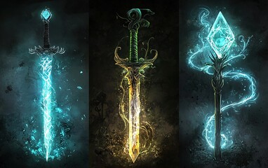 a collection of mystical swords glowing in blue, gold, and green against a dark fantasy background