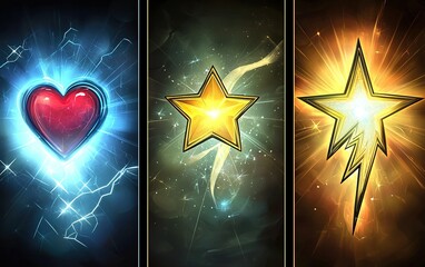 Colorful glowing symbols representing love, achievement, and energy with a cosmic background