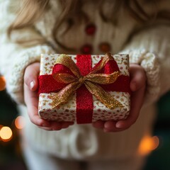 Wall Mural - Child's hands holding a wrapped gift with a red and gold ribbon, against a blurred background of Christmas lights.