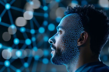 A man's face is overlaid with a digital blue grid, symbolizing the intersection of technology and identity within a networked, data-driven world of recognition.