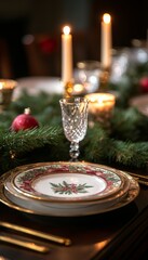 Poster - Close-up of a Christmas table setting with a decorated plate, a glass, and candles.