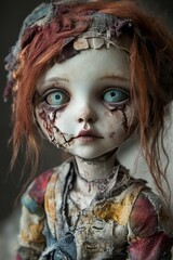 Wall Mural - Close-up of a creepy porcelain doll with torn clothing and bloody wounds, with big blue eyes.