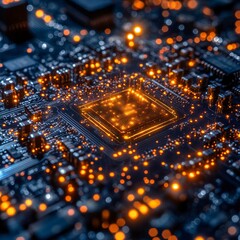 Poster - Close-up of a glowing central processing unit (CPU) on a circuit board, with intricate circuitry and glowing lights.