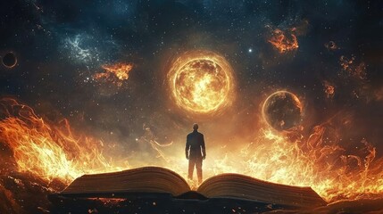 Wall Mural - dark colours, dark blue, fantasy, gold, planets, thin golden circle, an open book, fire, flames
