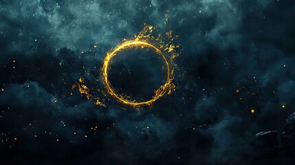 Wall Mural - dark colours, dark blue, fantasy, gold, planets, thin golden circle, an open book, fire, flames