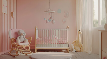 Wall Mural - child in a bedroom, A pastel-colored walls, a crib with soft bedding, stuffed animals, and a mobile hanging above, with a cozy rocking chair in the corner