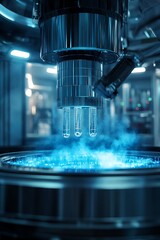 Wall Mural - Close-up of a robotic arm holding three test tubes above a blue liquid in a laboratory setting.