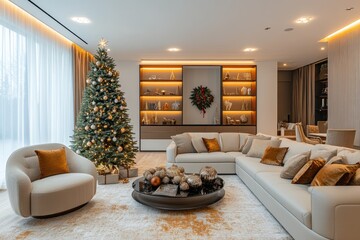 Christmas tree standing in corner of modern living room with large windows