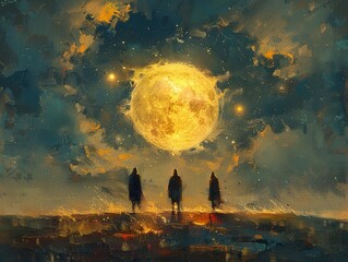 Three Figures Gazing at a Giant Moon in a Starry Sky