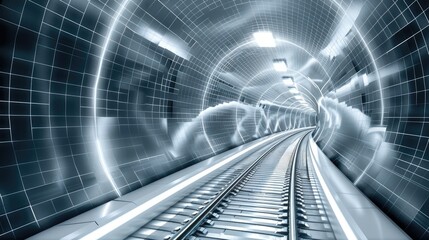 Aufkleber - A wired 3D model of a long railroad tunnel in a blue tech environment.