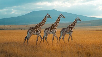 Three giraffes standing on grass field near mount kilimanjaro