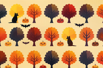 autumn seamless pattern with colorful trees, cats and bats
