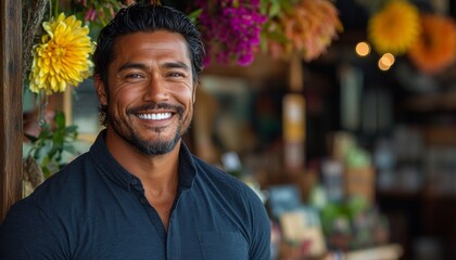 Man with a big smile on his face is standing in front of a flower shop. The shop is filled with colorful flowers and plants, creating a cheerful and inviting atmosphere. happy business owner