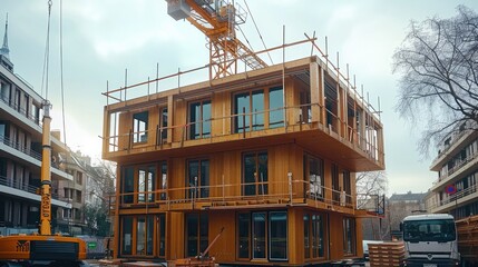 Poster - A modern construction site with a crane lifting a wooden facade piece, positioned above a partially built wooden structure that is already 3 story tall.