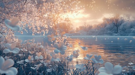 Wall Mural - inthe style of rendered in maya, art oftonga, vray, dark white and lightazure, made of flowers, highresolution, soft, romantic landscapes